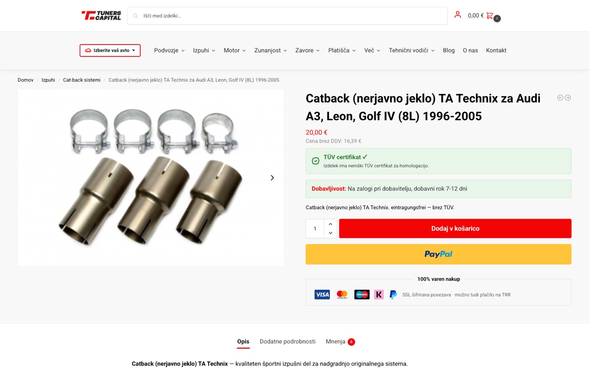 Stran izdelka s specifikacijami