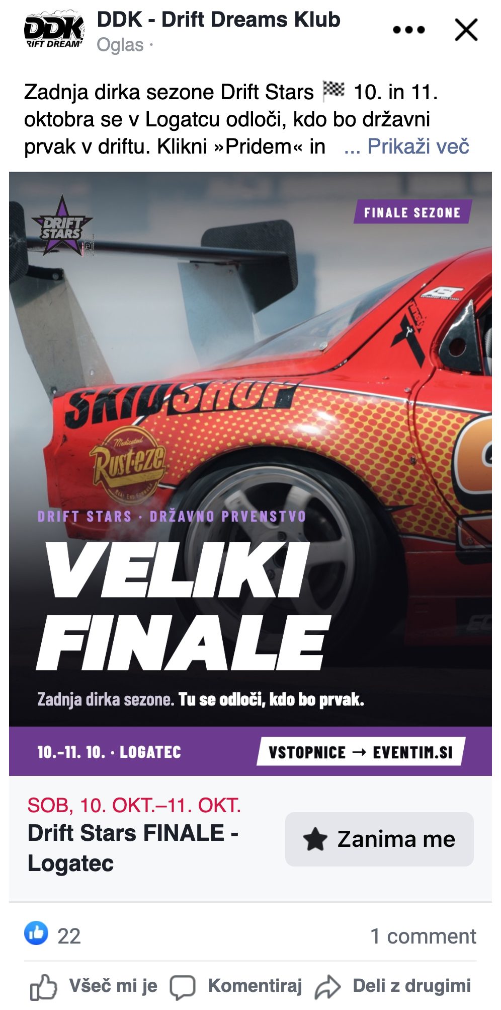 Drift Stars — Facebook oglas za dogodek »Veliki finale« v Logatcu