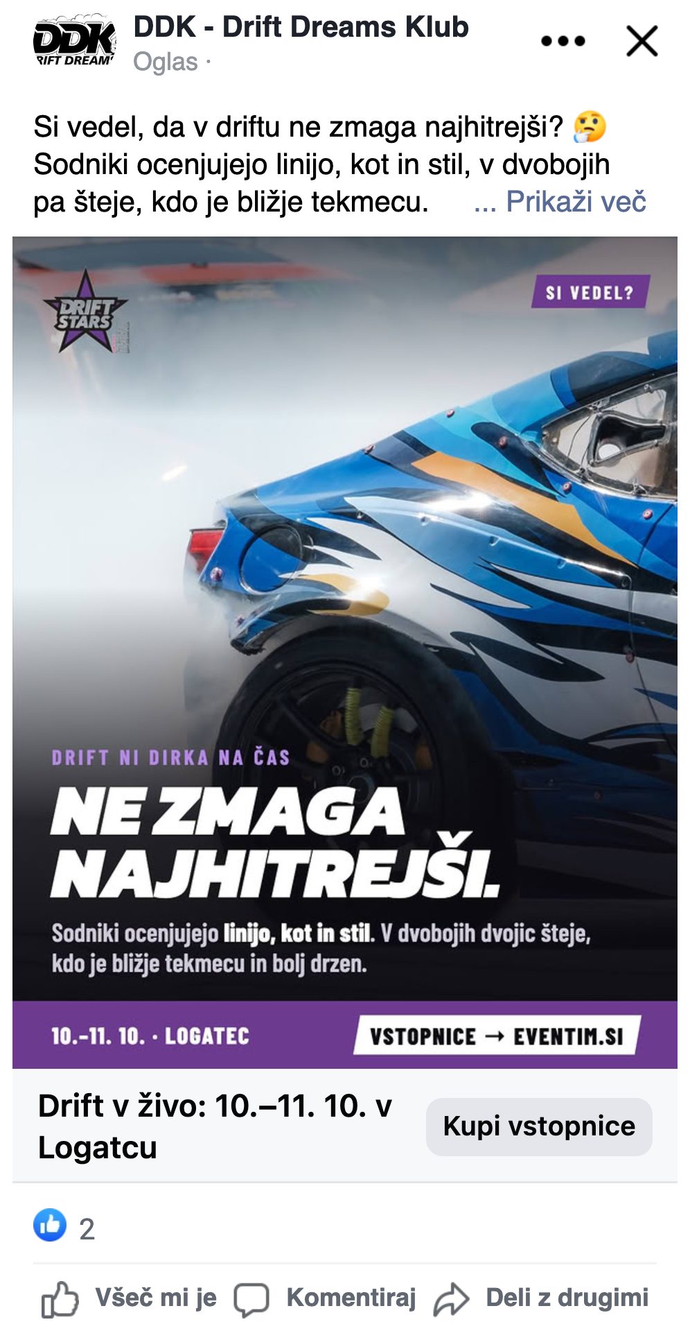 Drift Stars — Facebook oglas »Si vedel? Ne zmaga najhitrejši« za veliki finale v Logatcu