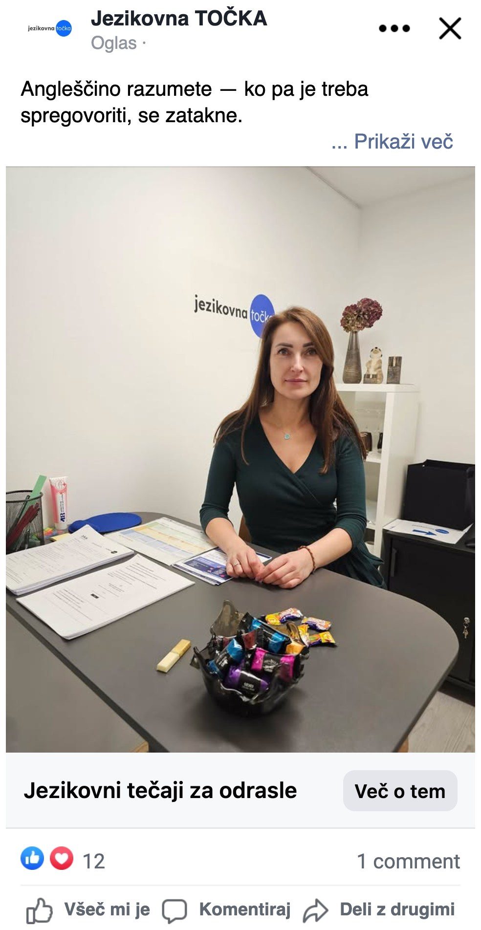 Jezikovna točka — Facebook oglas za odrasle 25–44