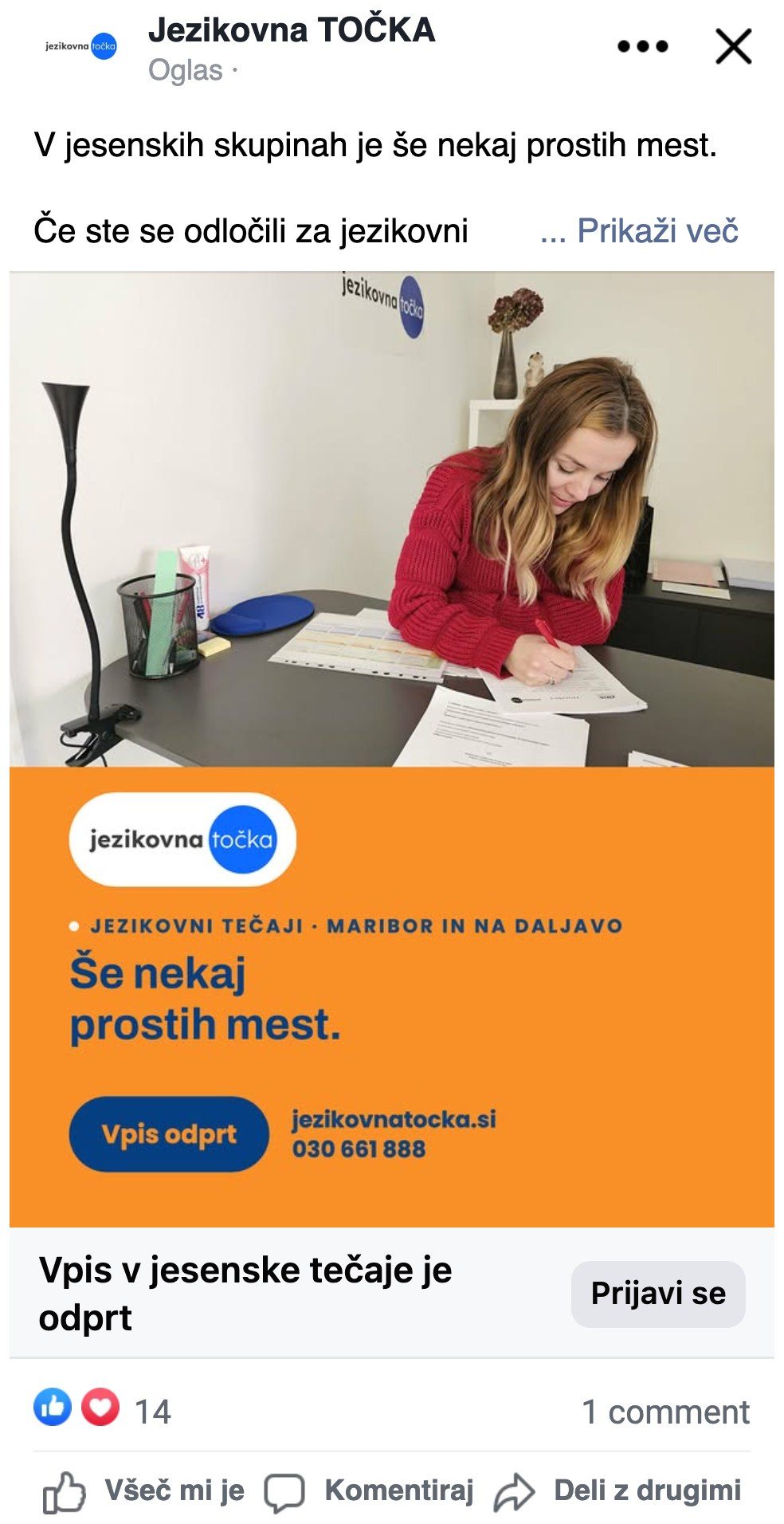 Jezikovna točka — Facebook oglas »Še nekaj prostih mest« za ponovni nagovor