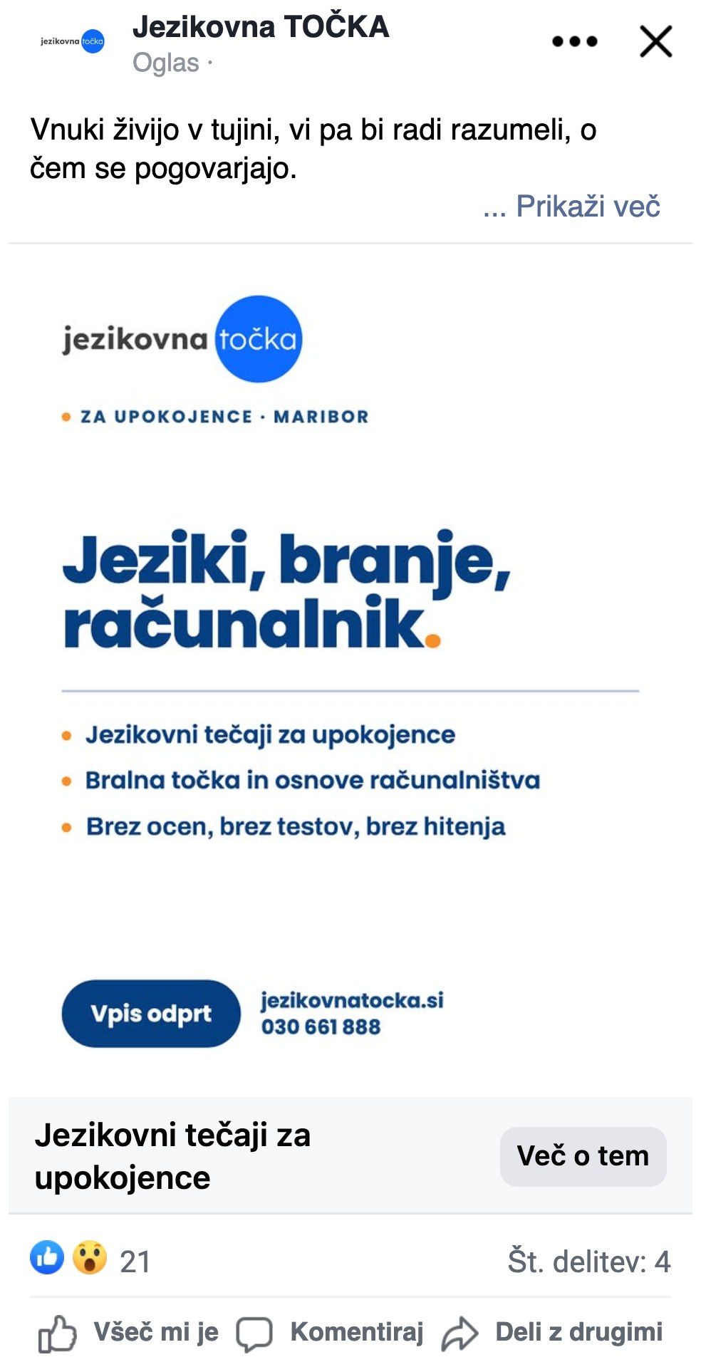 Jezikovna točka — Facebook oglas »Vnuki živijo v tujini …« za upokojence