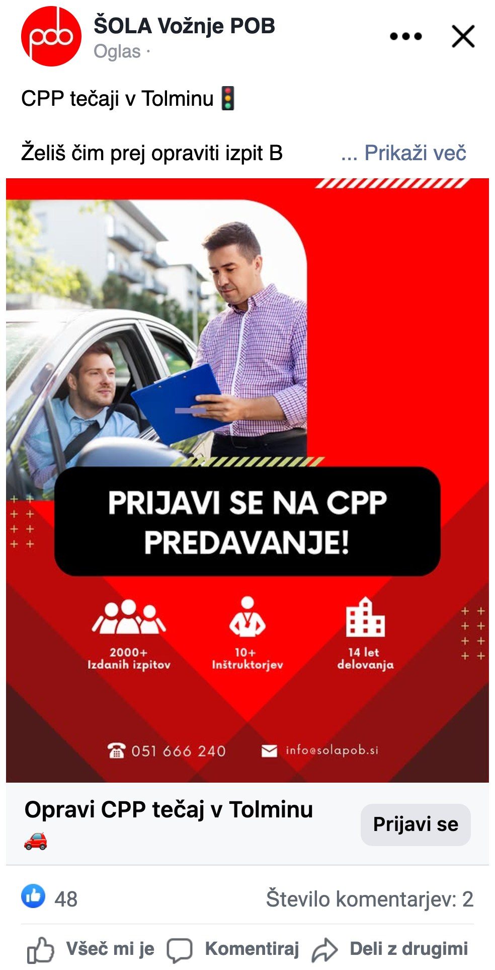 Šola vožnje POB — Facebook oglas za tečaj CPP v Tolminu