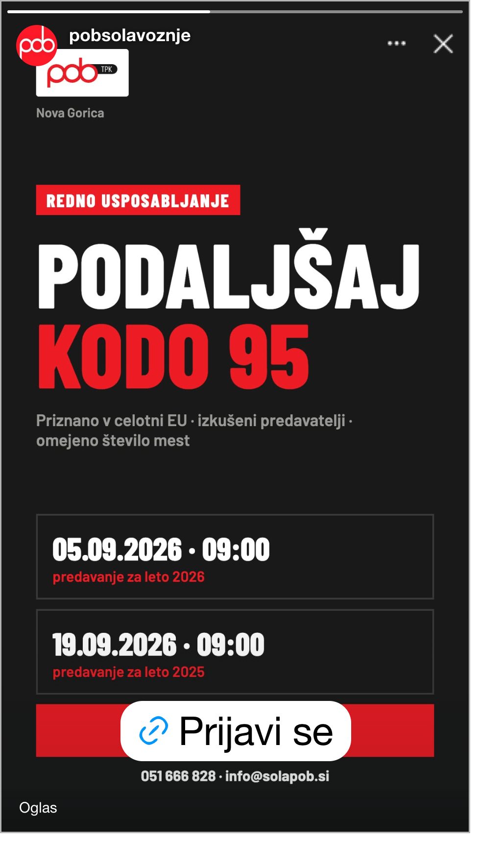 Šola vožnje POB — Instagram Stories oglas »Podaljšaj kodo 95« za redno usposabljanje v Novi Gorici
